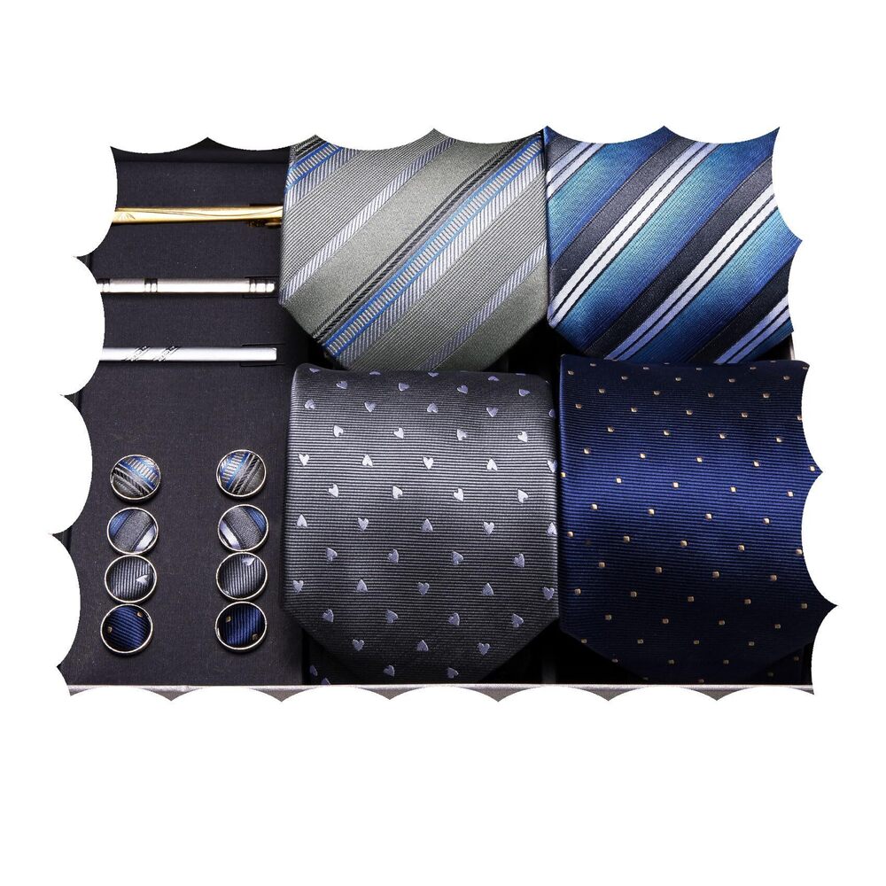 1062 Designer Tie Sets Collection, Eleagnt Gift Box Tie Clips Handkerchief